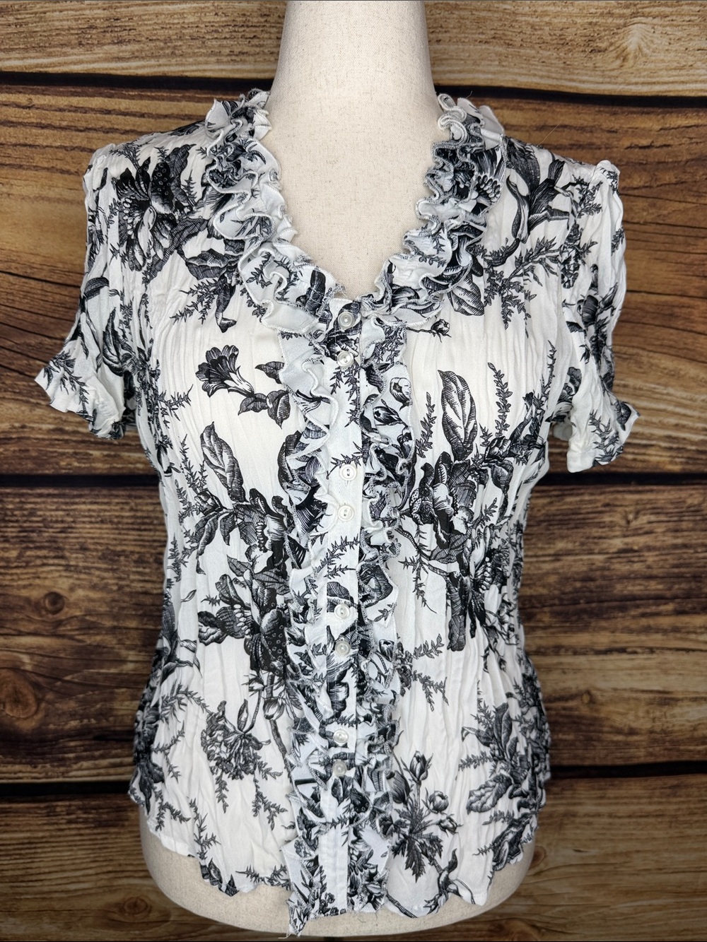 Sunny Leigh White Button-Down Top with Black Floral Ruffle